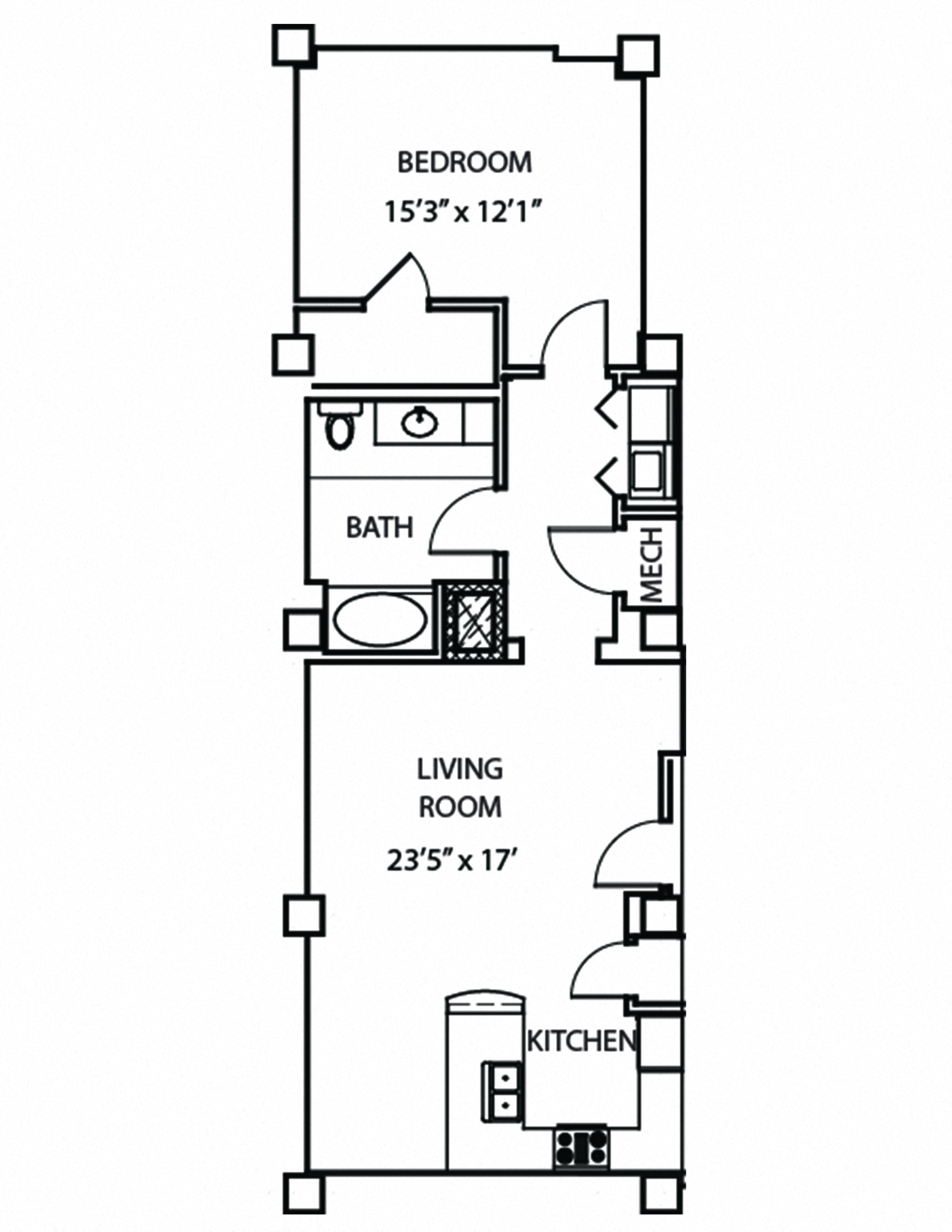 Floor plan for 1 bed, 1 bath, 895 sqft